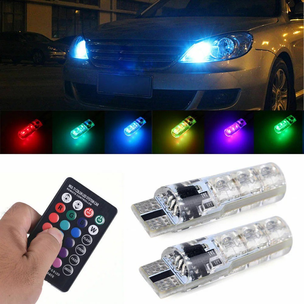 LAMPU SENJA 2 Pcs LED RGB T10 5050 SMD 16 WARNA MOTOR MOBIL REM Remote