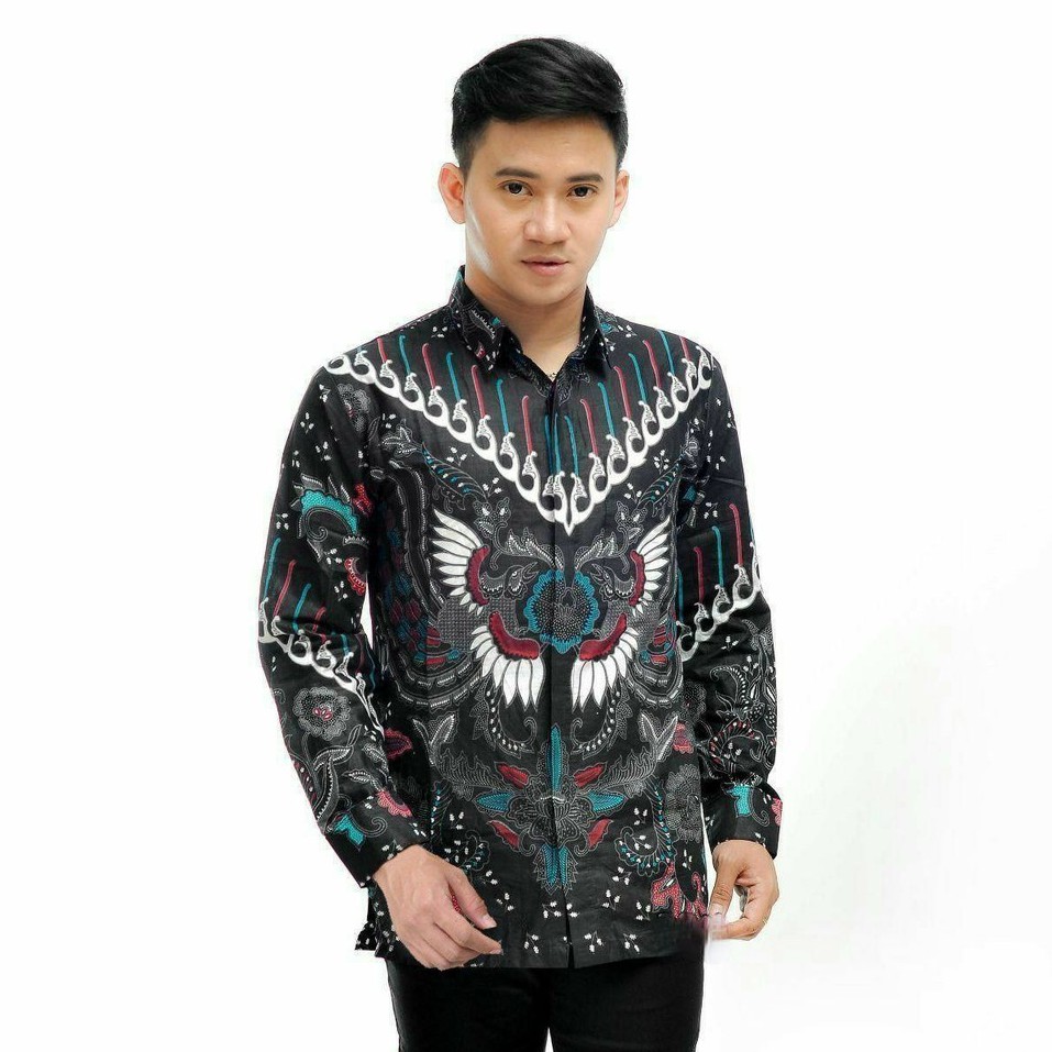 Batik Pria Lengan Panjang BATIK BERKAH HRB026 motif KERATONAN Kode 002 size M L XL XXL Reguler-EMPRIT KUPU PUTIH