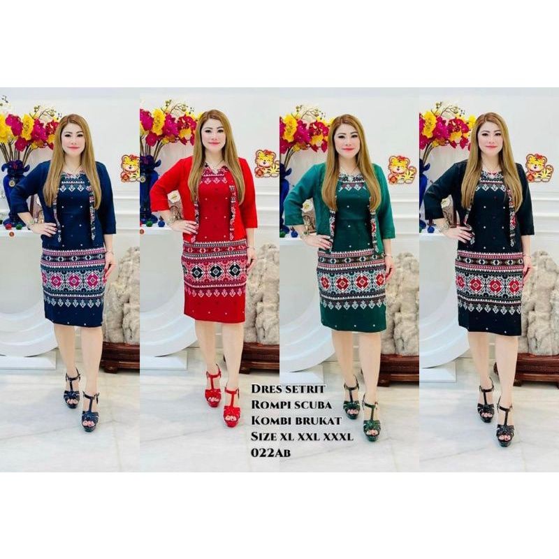 DRESS PESTA WANITA KATUN STRETCH MOTIF SONGKET+MIX BLAZER LEPAS SCUBA SIZE XL-XXXL
