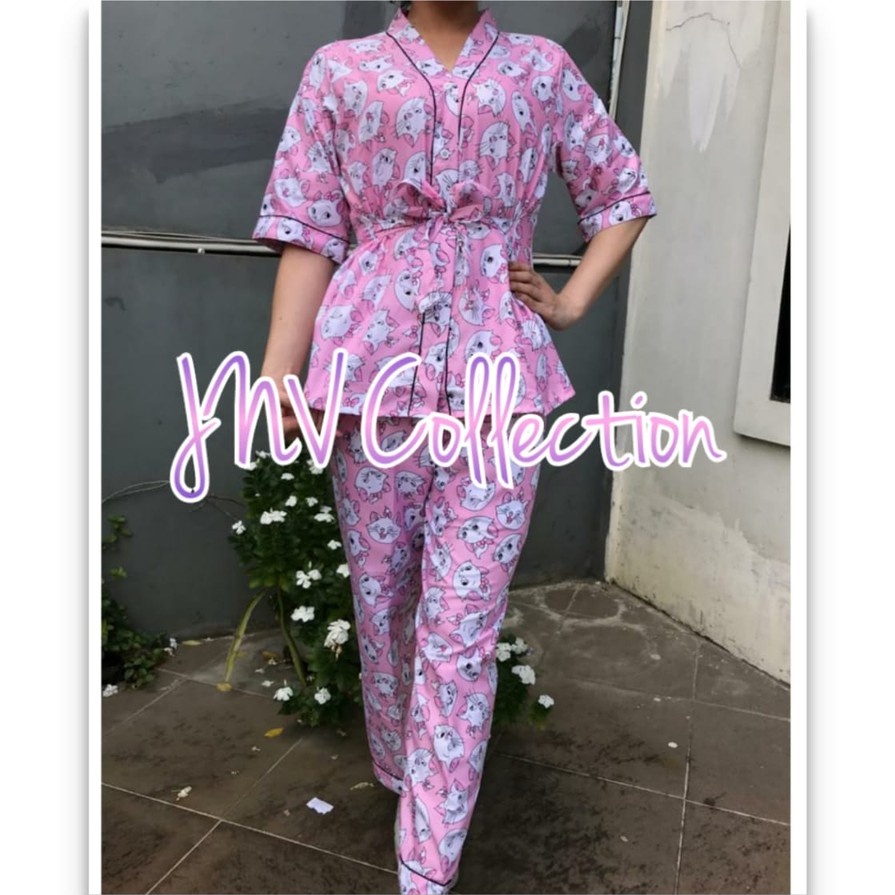 JNV Setelan Kimono CP Wanita Motif Karakter Kartun - Baju Tidur Kimono Lengan Pendek - Bahan Katun-KMarie Cat Pink