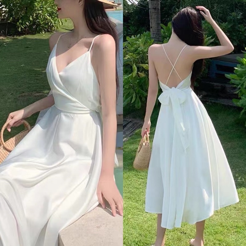 H7 D23/22 White dress pantai back less v neck / midi dress A line / sexy dress