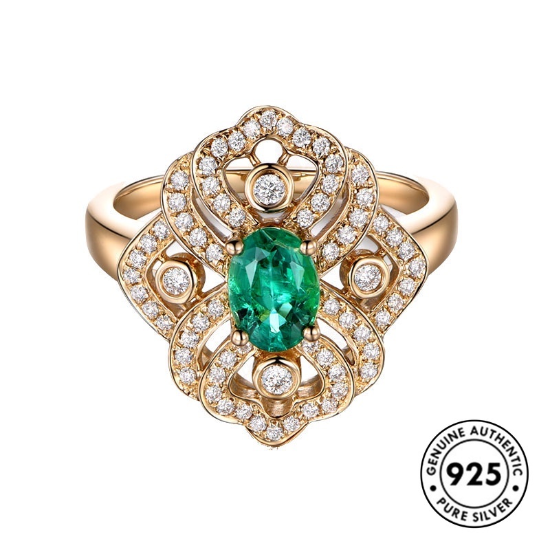 Cincin Sterling Silver 925 Dengan Batu Emerald Warna Rose Gold Untuk Wanita