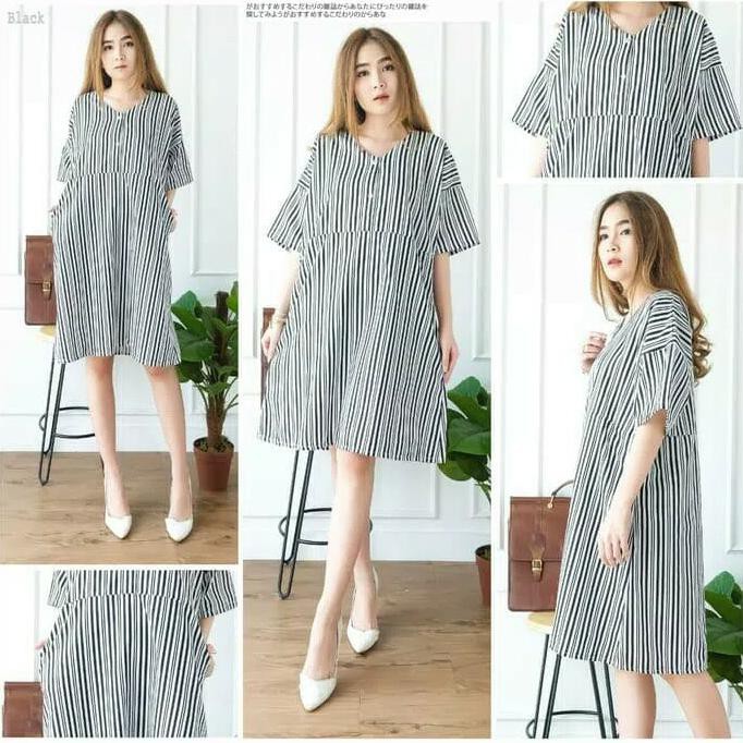 Baju Strip Fashion Wanita Terbaru/Tunik Atasan Stripe Jumbo Black