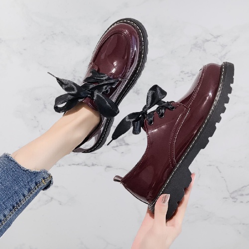 fakhrieshop- SEPATU WANITA LOAFERS BOOTS MAROON GLOSY (free 2 tali) AD 02