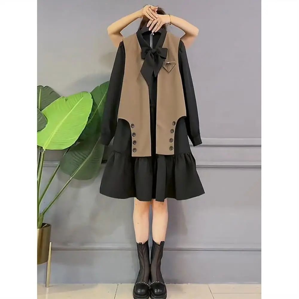 Fat sister spring dress 2022 new large belly covering thin suit vest dress fashionable two-piece sui