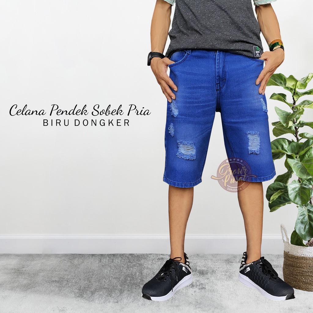 Celana Pendek Jeans Model Sobek Ripped Pria Biru Dongker 27 - 38