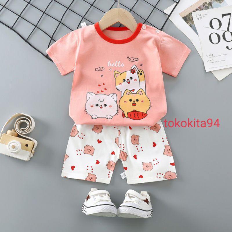 Setelan Baju Anak  Import Motif Lucu Kartun Baju + Celana - Baju Bayi 1Set Atas Bawah Korea Motif Kartun - Baju Anak Homewear 1Set Cewek Cowok Korea Import Lengan Pendek- Stelan Baju Anak Import