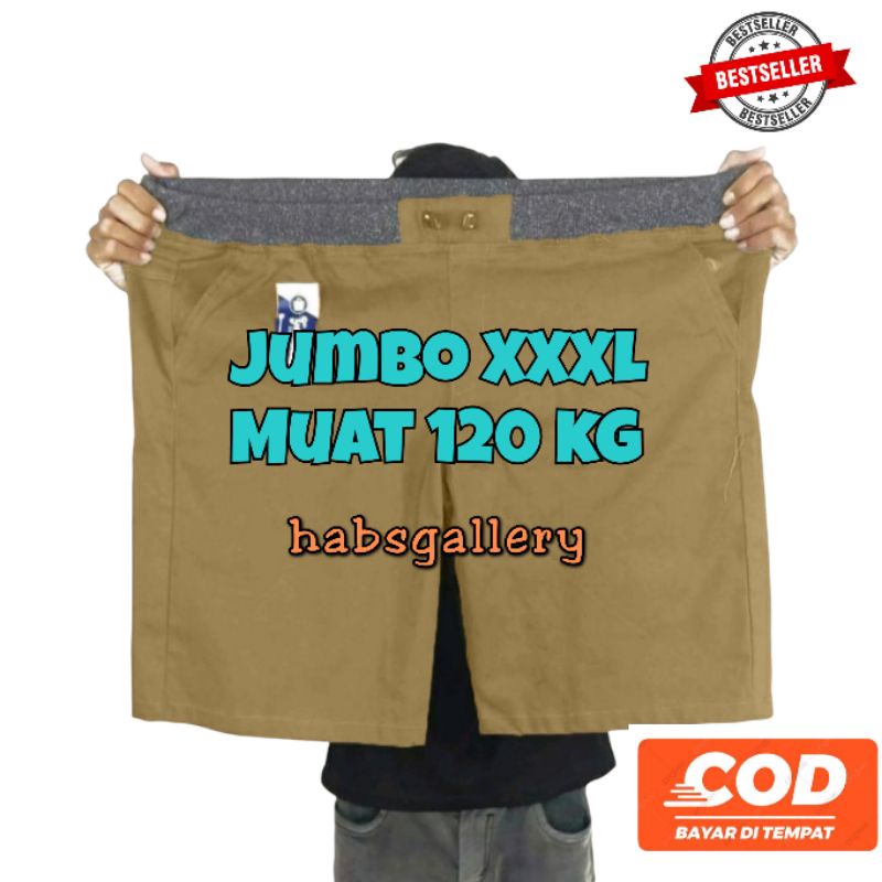 Celana pendek pria JUMBO BIG SIZE XXXL pinggang karet size 27 - 50 bahan chinos melar adem awet