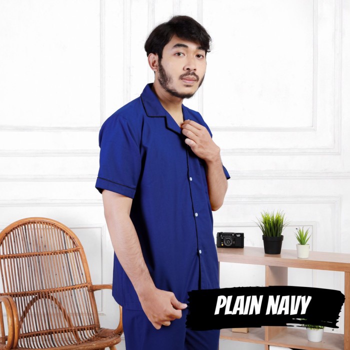 pria-tidur-baju- piyama baju tidur pajamas cowok celana panjang katun jepang plain navy -baju-tidur-