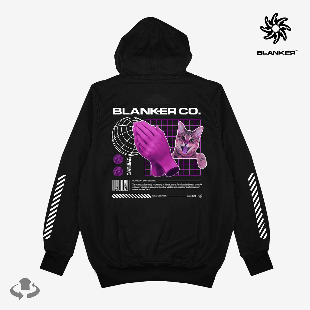 Blanker Sweater Hoodie Hitam Sablon Plastisol Cat Of Human Mechanism