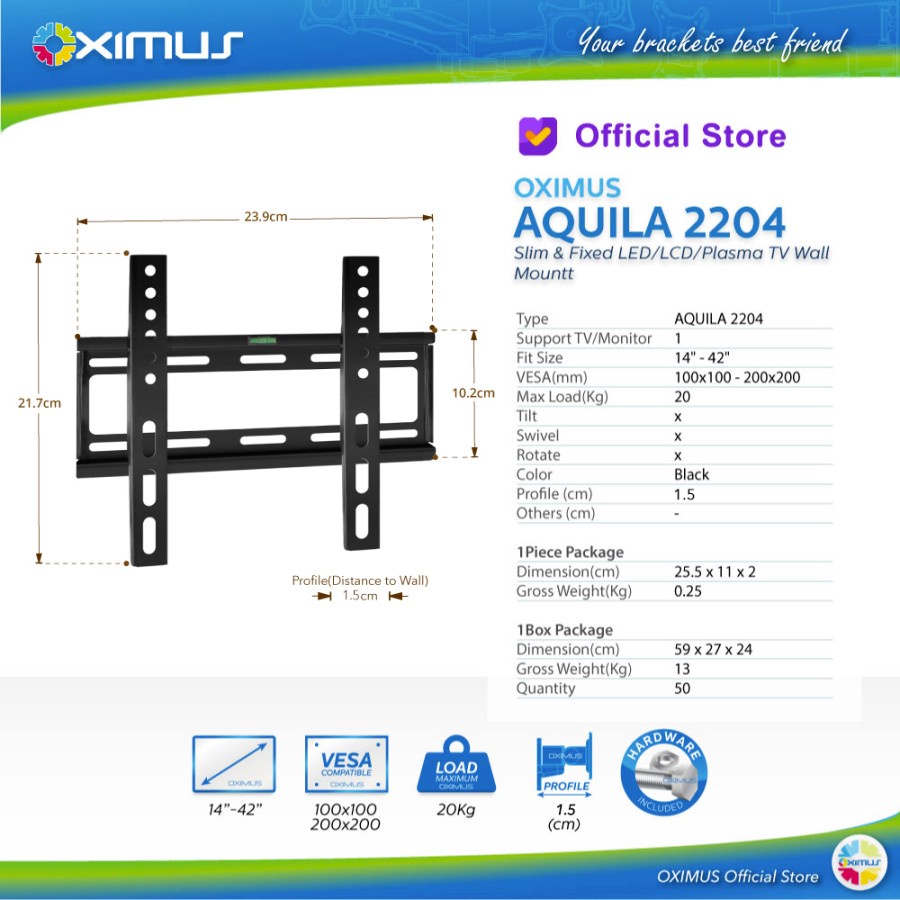 BRACKET TV LED LCD MONITOR 14&quot;-42&quot; OXIMUS AQUILA 2204 WALL MOUNT FIXED