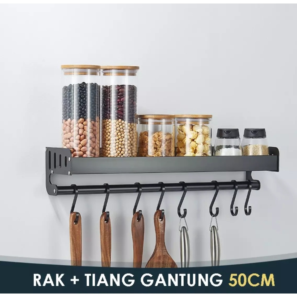 Rak Dapur Dinding Kitchen Rack Bumbu Gantung Aluminium Anti Karat 45cm dengan cat coating anti panas dan anti karat bisa dicuci, penempelan menggunakan paku feser atau paku biasa, (Paku Sudah Termasuk)