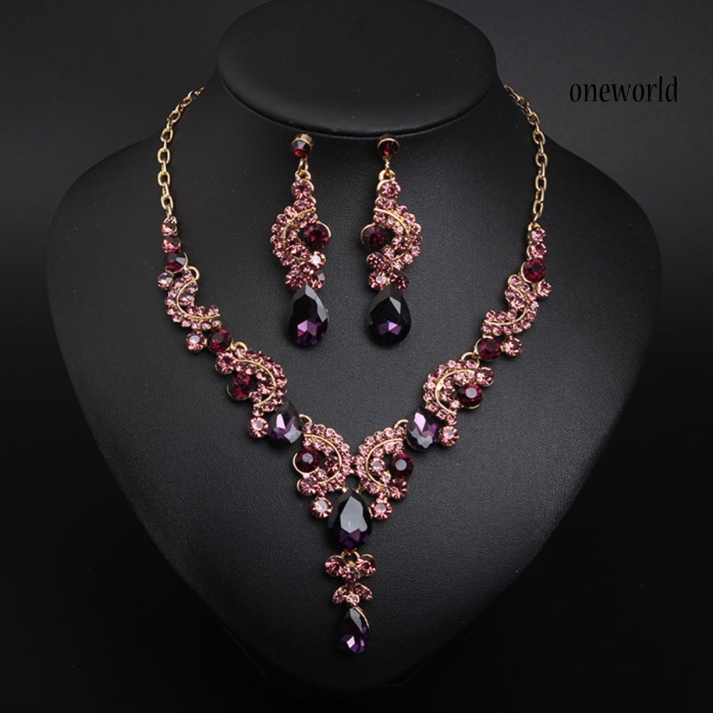 OW@ Luxury Women Rhinestone Pendant Chain Necklace Stud Earrings Wedding Jewelry Set