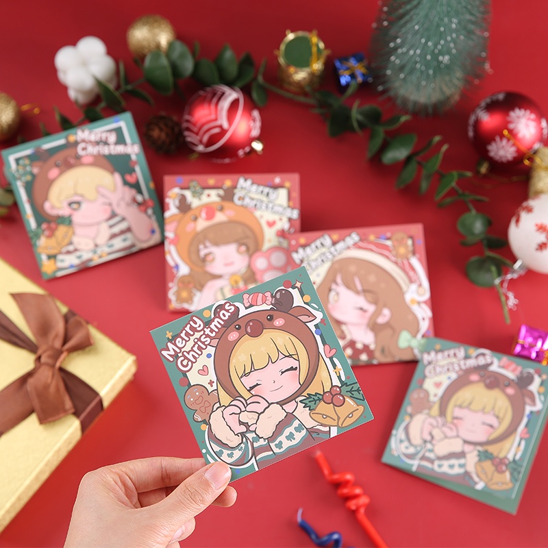 4pcs Kartu Ucapan Mini Desain Kartun Komik Merry Christmas Dengan Amplop