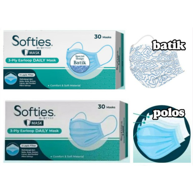 SOFTIES 3PLY DAILY MASK PREMIUM ISI 30 PCS MASKER HARIAN EARLOOP BATIK ORIGINAL SURGICAL FACE MASK