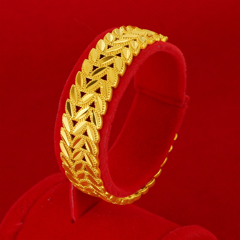 Gelang Model Terbuka Dapat Disesuaikan Desain Daun Gandum Hollow 24K Untuk Wanita