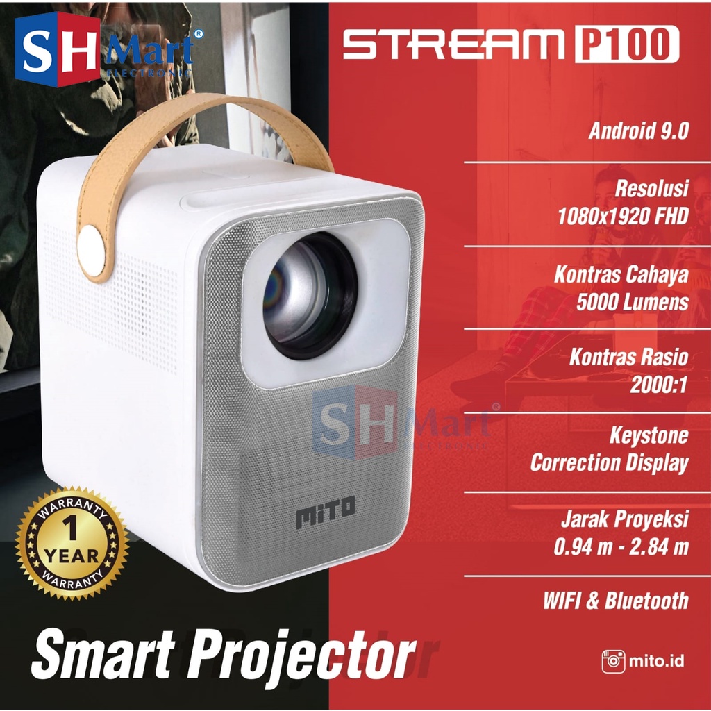 NEW MITO SMART PROJECTOR STREAM P100 ANDROID 9.0 WIFI BLUETOOTH GARANSI RESMI SMART PROJECTOR  (MEDAN)