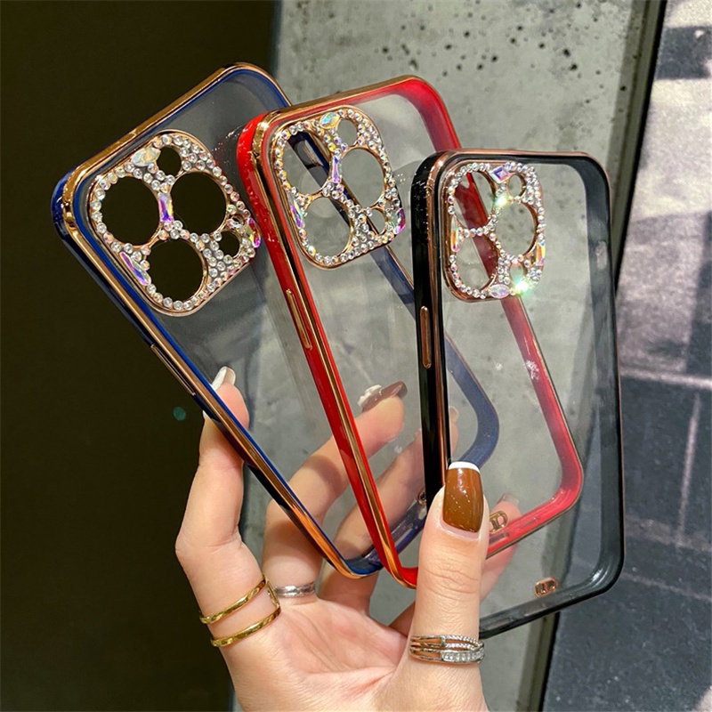 Casing Silikon iPhone 13 12 11 Pro X XS Max Mini XR SE2 7 8 Plus Aksen Glitter Berlian Mewah