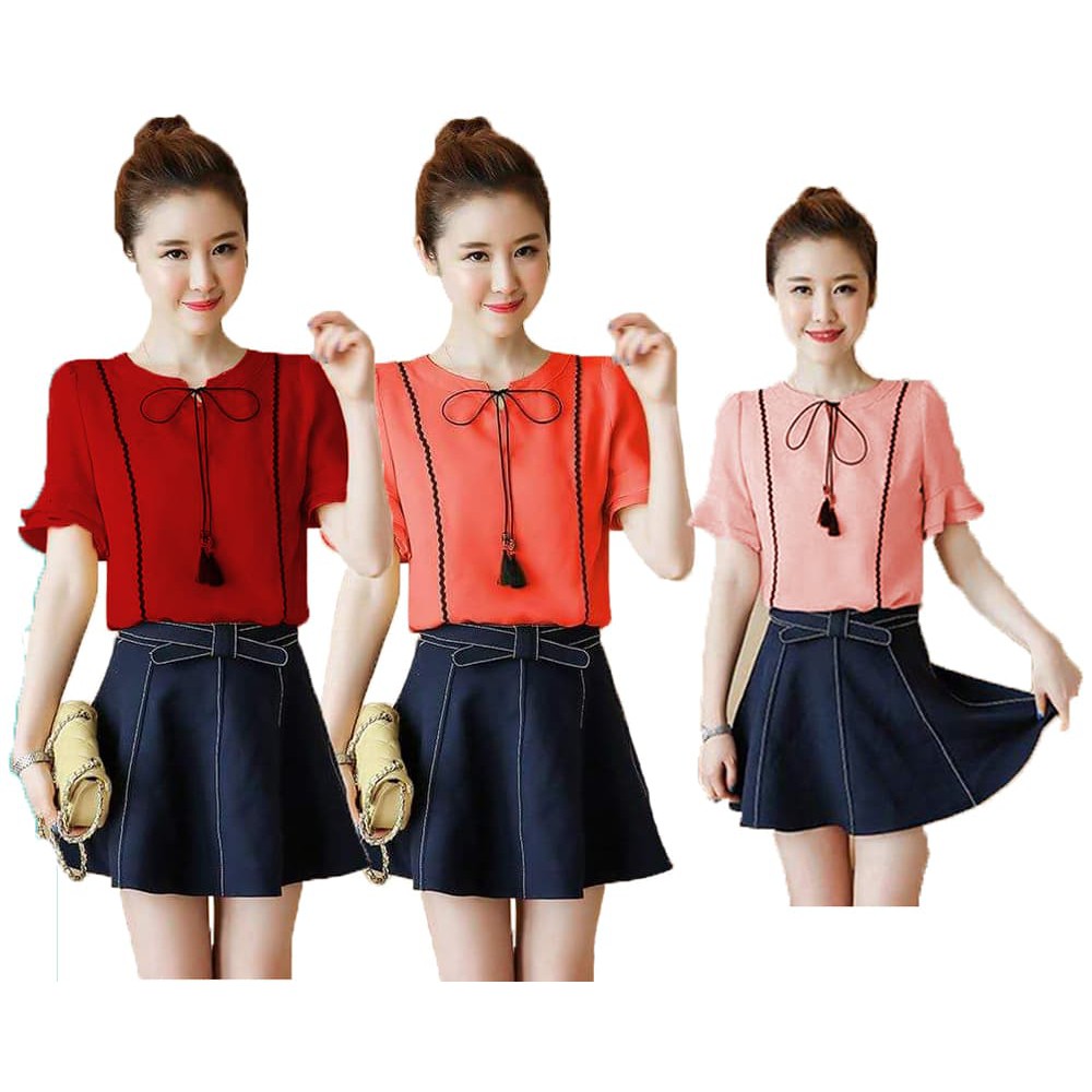 Baju Wanita  Blouse Lengan Pendek Gaya Korea Variasi Pita Windy - Merah