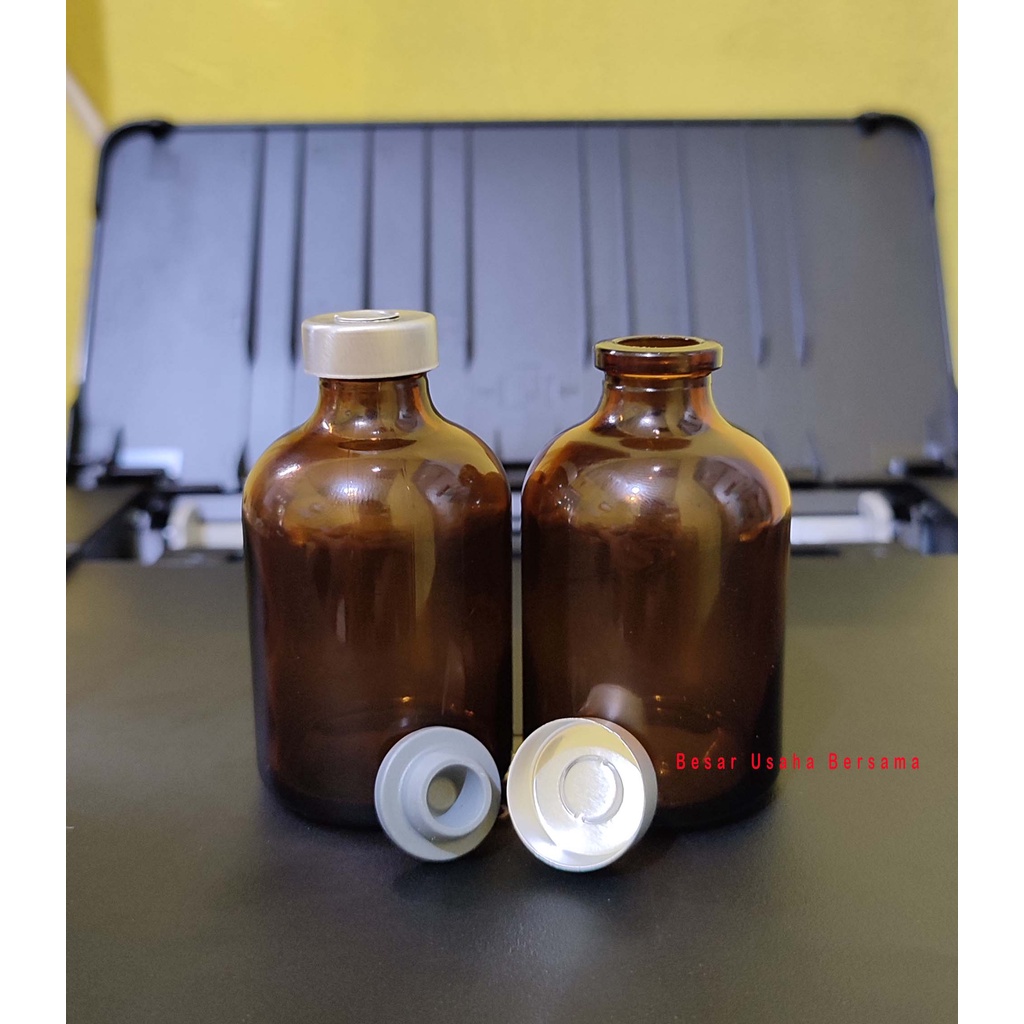 Botol Kaca Vial Coklat 50ml 50 ml Tutup Karet Segel Aluminium / Botol Amber