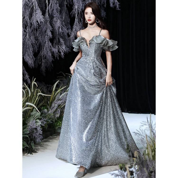 Annual evening dress women 2023 new grey long banquet noble light luxury Sequin