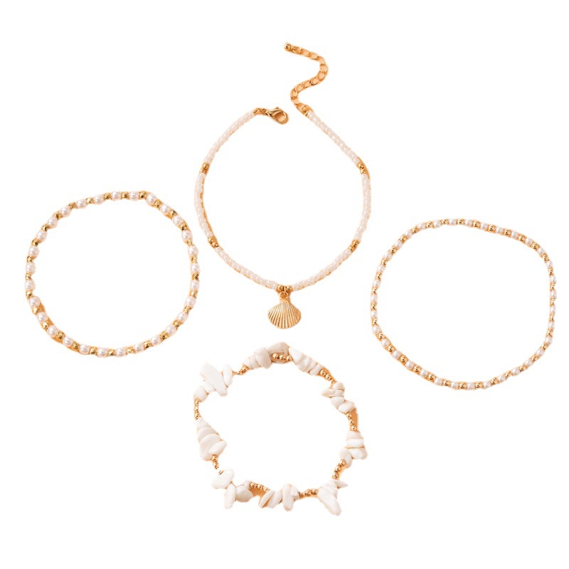 4pcs / Set Gelang Kaki Rantai Manik-Manik Batu Putih Emas Multilayer Gaya Bohemian Untuk Wanita