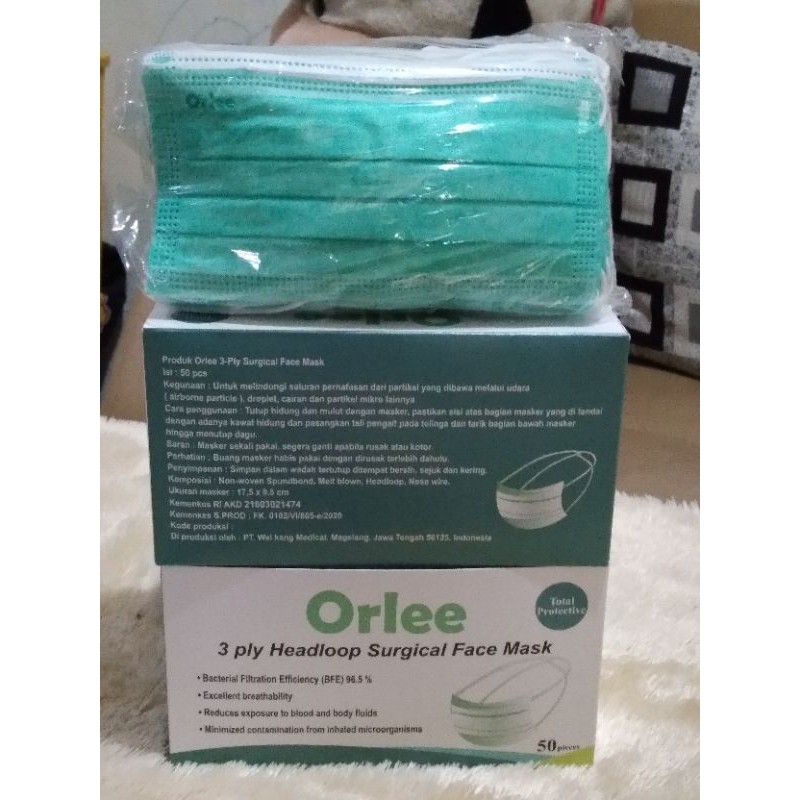 ORLEE Hijau Masker Medis Headloop Surgical Face Mask 3 Ply ada Emborse
