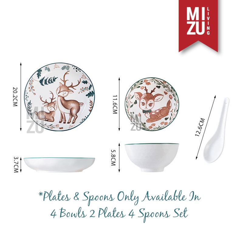 MIZU HAPPY LIFE 10in1 SET 4 Bowls 2 Plates 4 Spoons Mangkok Keramik Piring Sendok Ceramic Gift Set