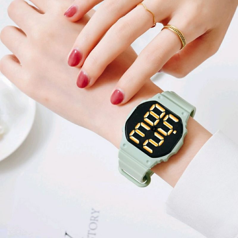 JAM TANGAN WANITA LED WATCH OCTAGON IMPORT RUBBER MURAH