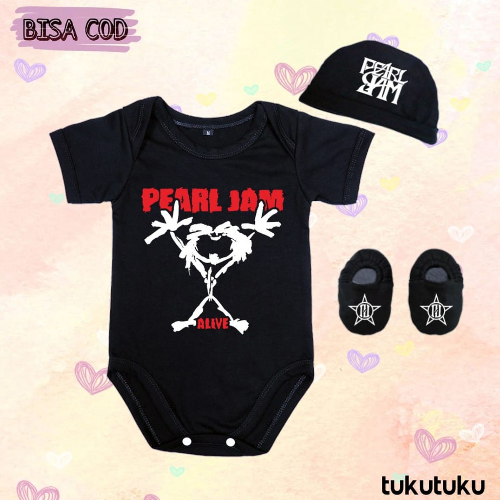 Set 3 in 1 Jumper Bayi Band Topi Kupluk dan Sepatu Newborn Jumpsuit Lucu Band Grunge Seattle Sound P