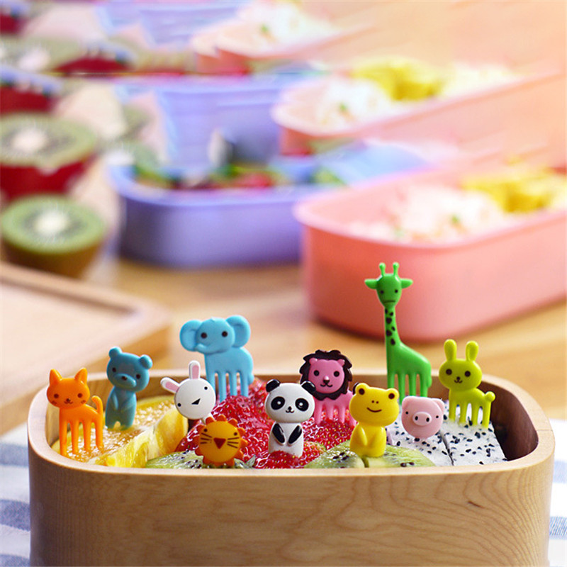 Kids School Lunch Box Snack Kue Makanan Garpu 10Pcs/Pack Plastik Mini Kartun Hewan Makanan Garpu Buah