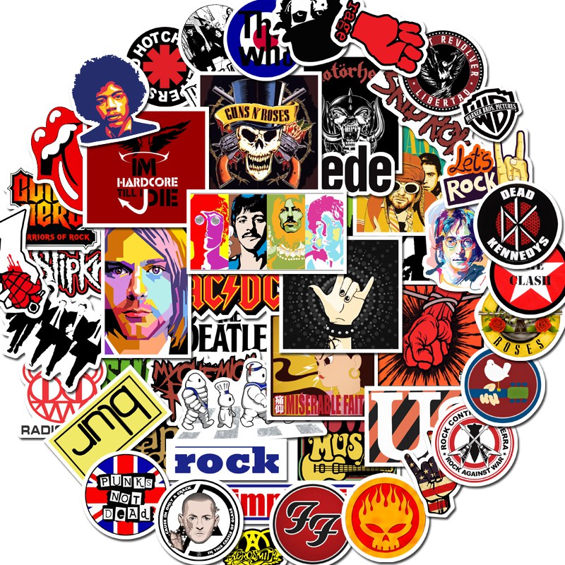 

52pcs / Set Stiker Motif Rock Band Klasik Anti Air Untuk Dekorasi Koper / Laptop / Sepeda / Motor / Mainan