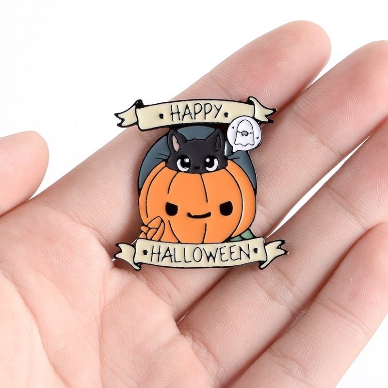 Bros Pin Enamel Desain Labu Halloween Kucing Hitam Dan Hantu Untuk Pria Dan Wanita