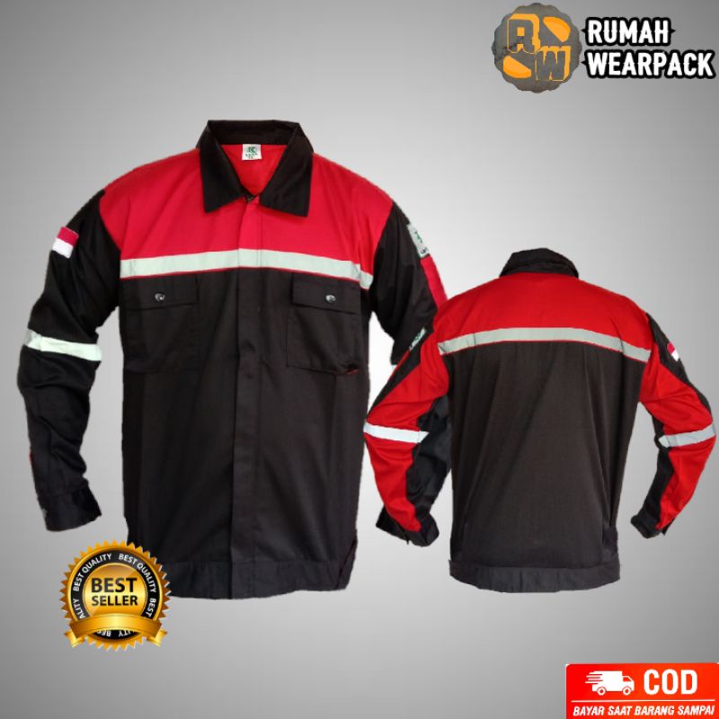 Baju Kerja/ Wearpack Proyek/ Seragam Kerja Lengan Panjang Atasan Hitam Merah