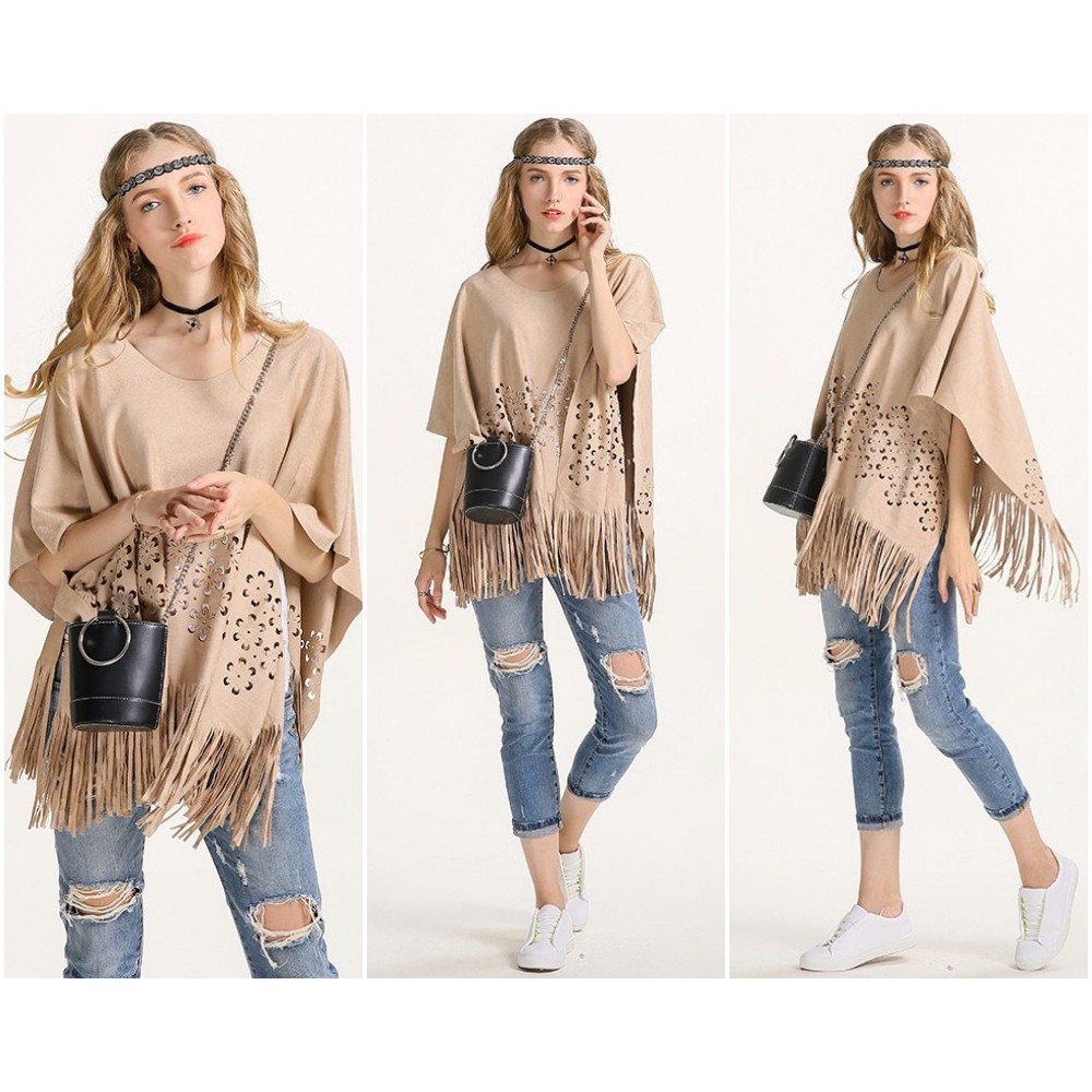 Jaket Kulit Long Cardigan Poncho Boho Bohemian Etnik Suede Cream BARANG BERKUALITAS PALING KECE
