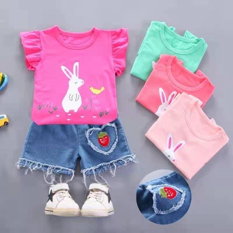 Setelan Kaos Import anak cewek Motif Rabbit / Setelan Levis Denim Premium / set anak perempuan Import / Setelan Anak kekinian Fashion korea