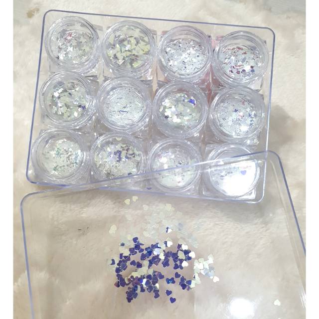 Nail art accesoris glitter set putih, dekorasi nail art 12pcs