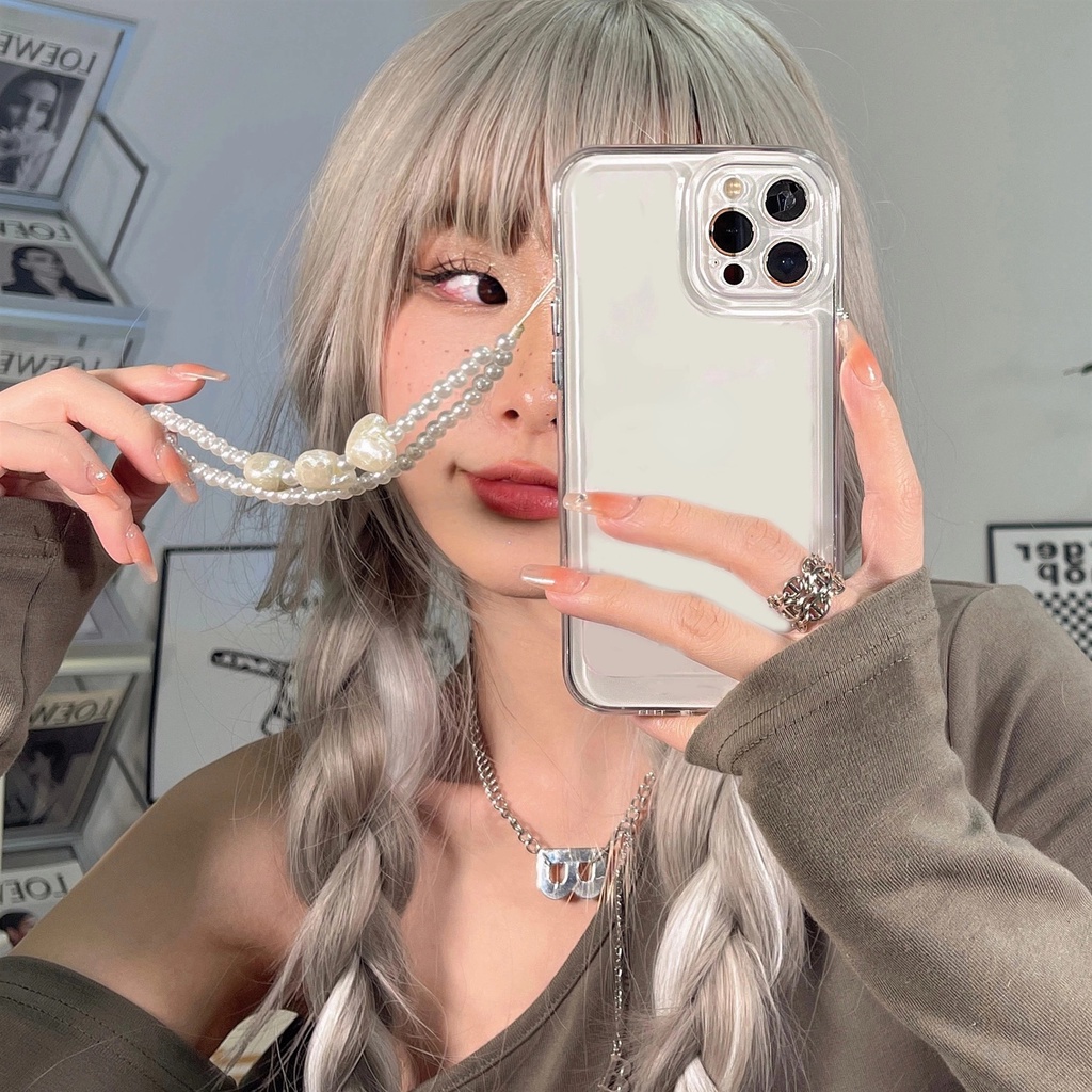 Hard Case Akrilik Transparan Motif Hati Aksen Rantai Mutiara Untuk iPhone 14 Pro Max 13 12 11 Pro XS Max X XR 7 8 Plus SE 3
