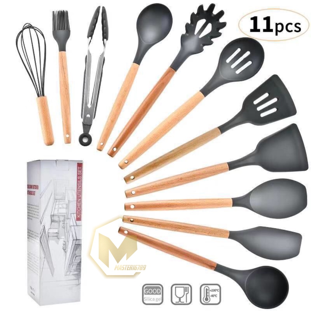 RT82 Kitchen Utensil Silicone wood 12pcs Set Peralatan Dapur Masak Baking Sutil Spatula Sendok Silikon Set Alat Masak 11 in 1 gagang kayu MA2753