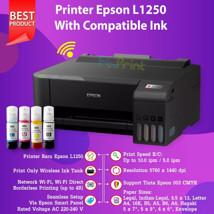 Epson EcoTank Printer L1250 Single Function Print Only Wireless WiFi A4 Botol Tinta Anti Tumpah 003