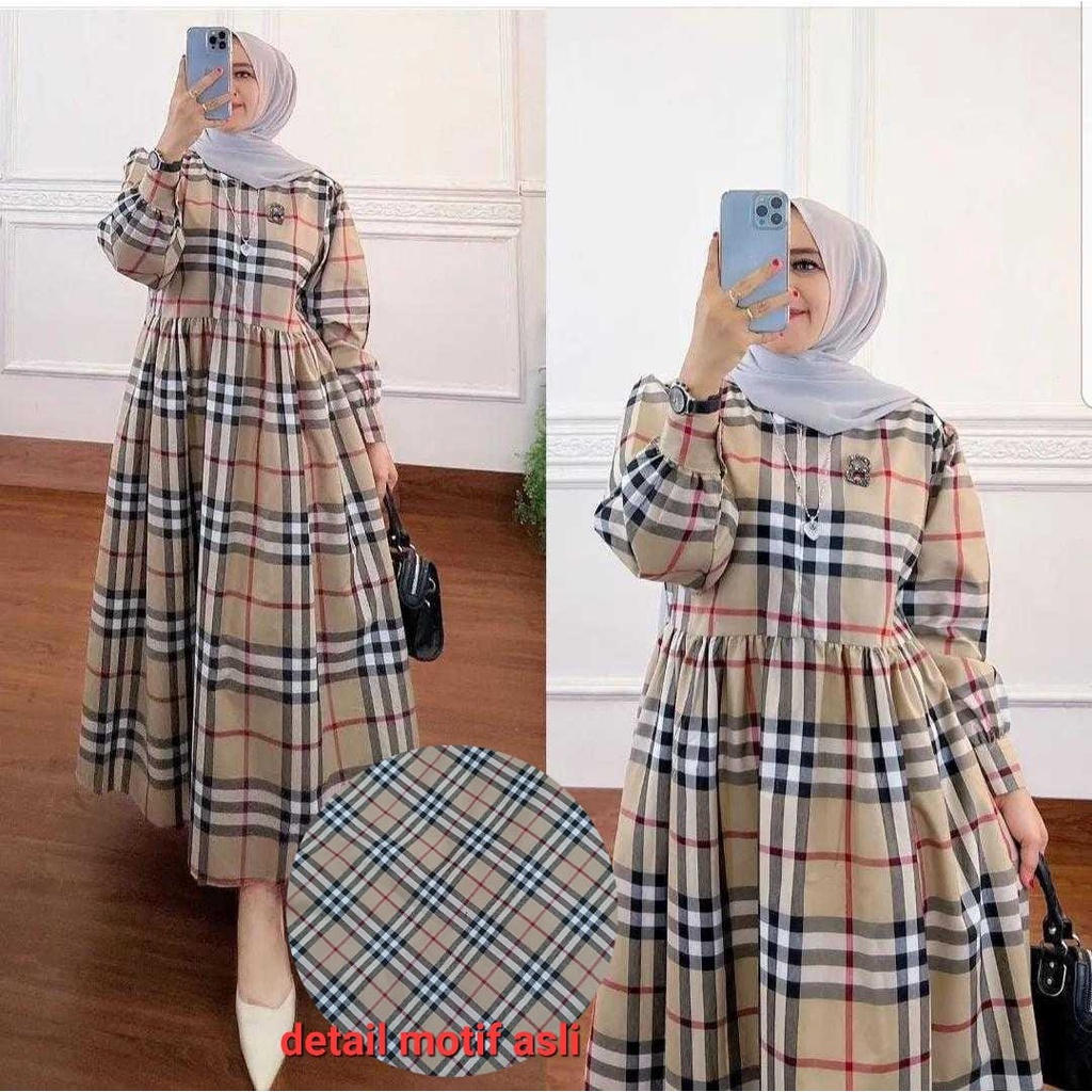 O2 Fashion / Tyara midi dress kotak / gamis motif kotak gamis model terbaru