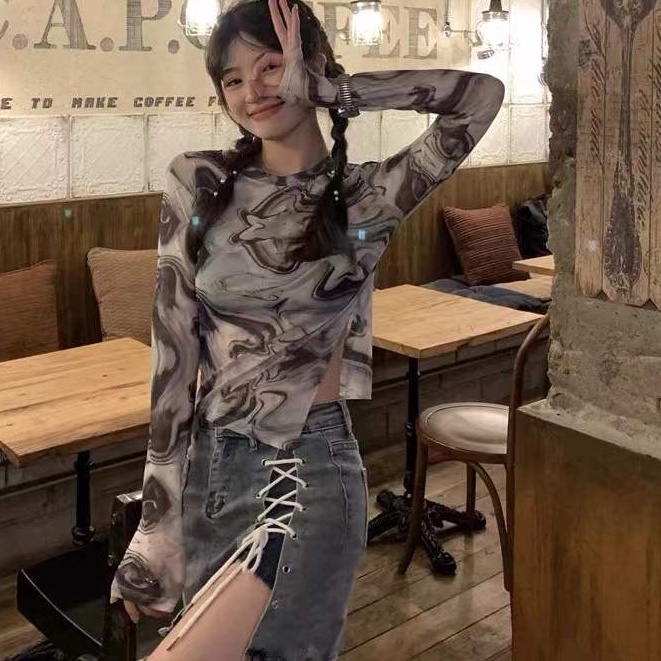 Korean Summer Transparent Side Slit Anti UV Long Sleeve Tulle / Atasan Wanita Lengan Panjang Asimetris 2546