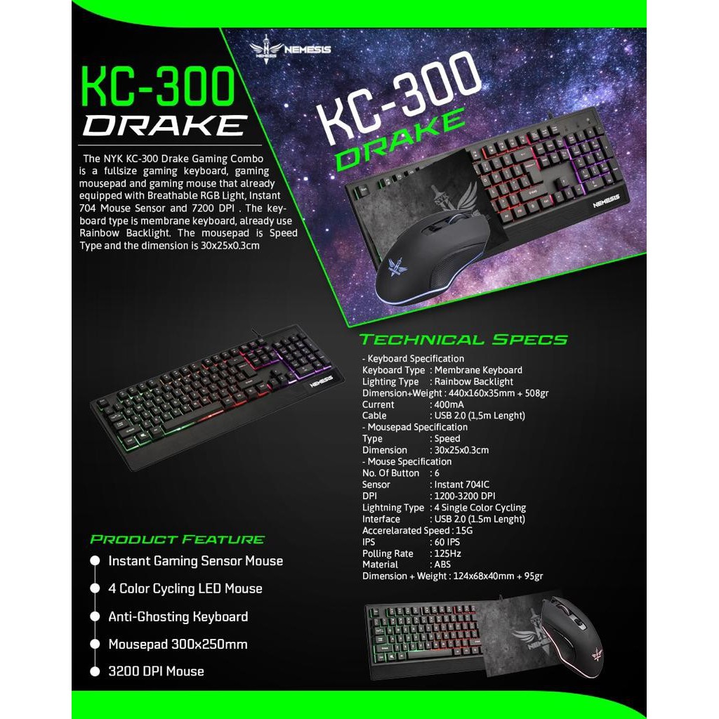 NYK KEYBOARD GAMING COMBO NEMESIS DRAKE KC- 300 KEYBOARD GAMING COMBO NYK NEMESIS DRAKE KC- 300  ori