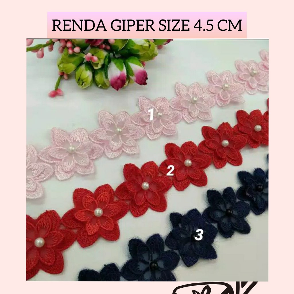 1 METER - 4.5 CM RENDA GIPER | RENDA BORDIR BUNGA TUMPUK MUTIARA