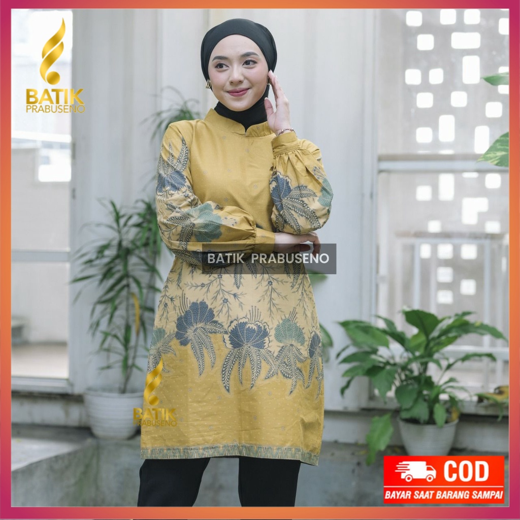 LAURA Tunik Batik Wanita Prabuseno Modern  Lengan Panjang Katun Lapis Furing Modern Kerja Kantoran O