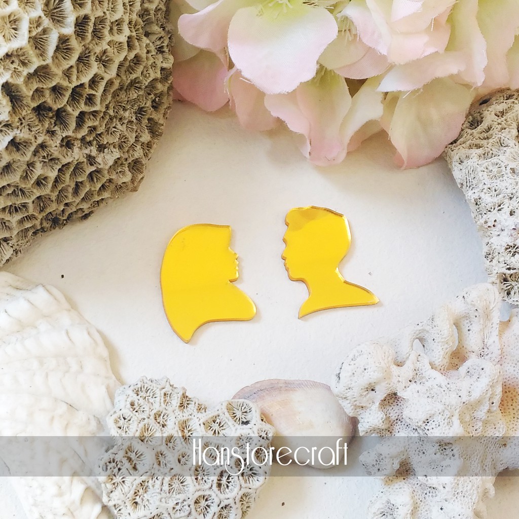 RS 3,3 cm Siluet Couple Muslim Mini Akrilik Cermin Emas/Perak Dekorasi / Mahar / Seserahan