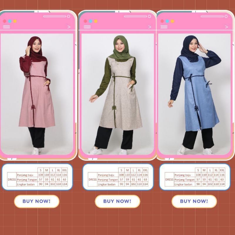 Baju Muslim atasan wanita tunik Ethica Megumi 14 red Velvet, tapioca, blue