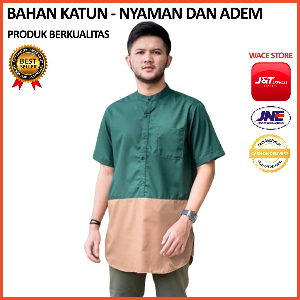 Koko Batik Fashion Muslim Kombinasi C07 Al Haramain Hijau M L XL B7Q5 Baju Koko Polos Keren Cowok