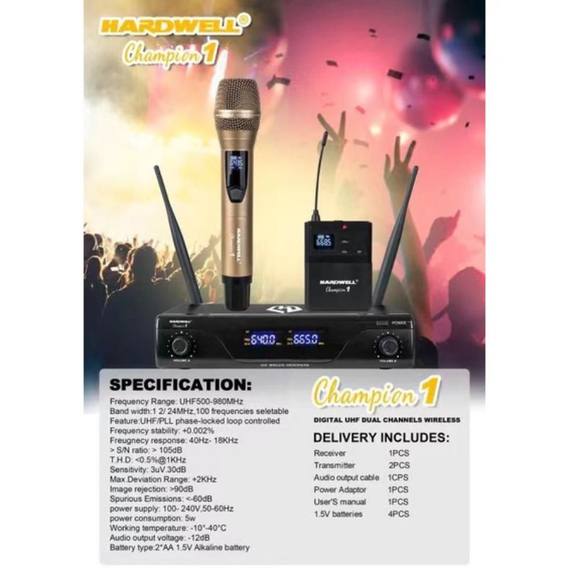 Microphone wireless Hardwell champion 1mic wireless UHF.vocal jernih cocok buat karaoke.pidato.imam all.