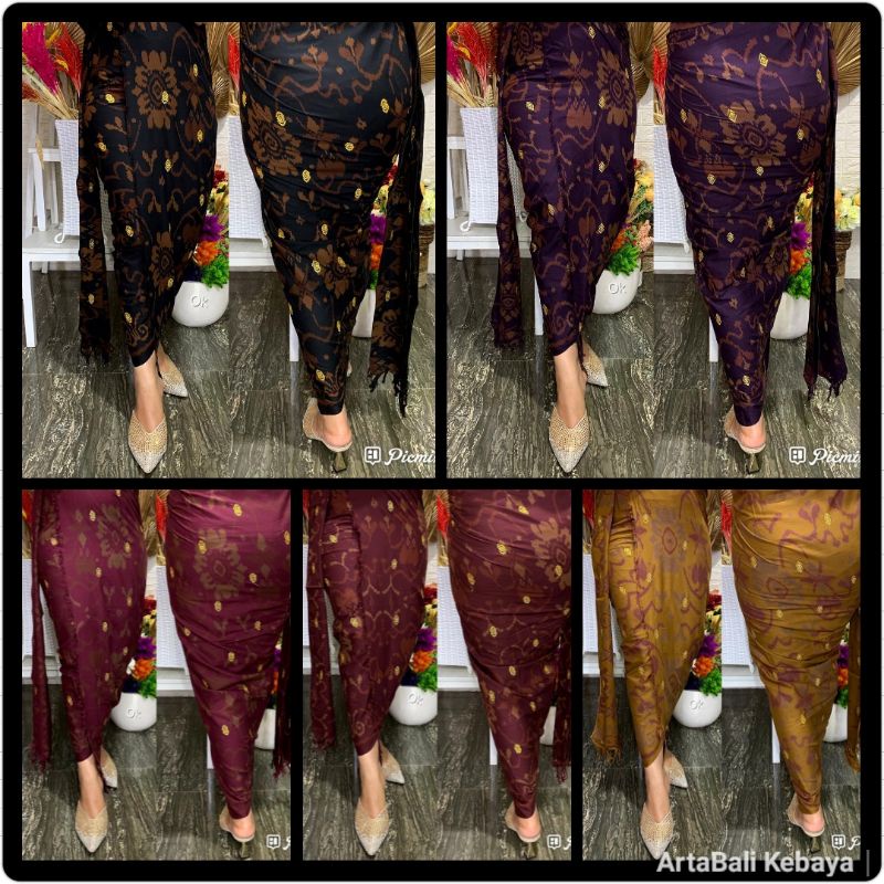 Kamen lembaran katun endek dengan taburan bordir emas + Selendang